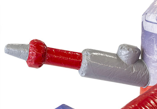 Inflatable multiplay fire brigade bouncy castle with a slide in the middle and 3D objects for children. Order bouncy castles online at JB Inflatables UK