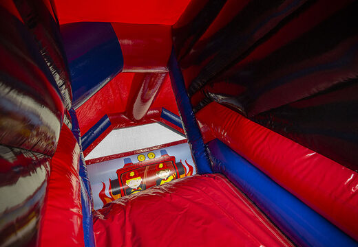Inflatable slide combo firefighter-themed bouncers for sale at JB Inflatables UK. Inflatable bouncers with slide for kids available to buy in red and blue colors