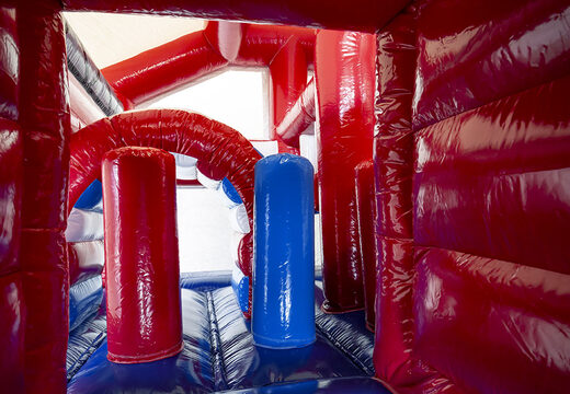 Medium inflatable multiplay bouncy castle with slide in fire department theme for children. Order inflatable bouncy castles online at JB Inflatables UK