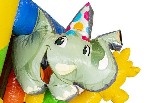 Mini multiplay bouncer in party theme with slide to buy for kids. Order mini inflatable bouncers with slide at JB Inflatables UK