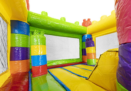 Purchase superblocks-themed mini inflatable bouncer with slide for kids. Order inflatable bouncers online at JB Inflatables UK