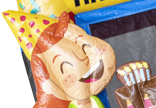 Buy mini inflatable multiplay bounce house in party theme with slide for kids. Order inflatable bounce houses online at JB Inflatables UK