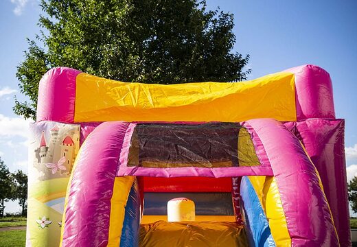 Small inflatable multifun bouncer yellow and pink in princess fairytale theme to buy. Order online at JB Inflatables UK 