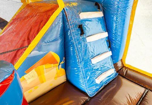 Inflatable multi-play pirate bouncer with a slide in the middle and 3D objects for kids. Order bouncers online at JB Inflatables UK