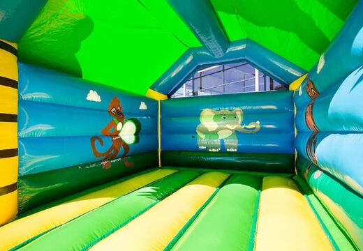 Buy a standard jungle bounce houses in striking colors with a large 3D gorilla object on the top for children . Buy bounce houses online at JB Inflatables UK