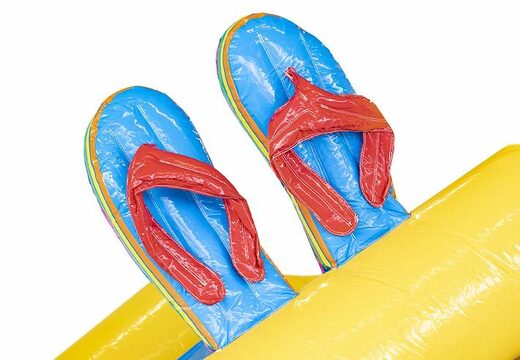 Opblaasbaar springkussen duck world geel blauw met eend erop bestellen voor kinderen