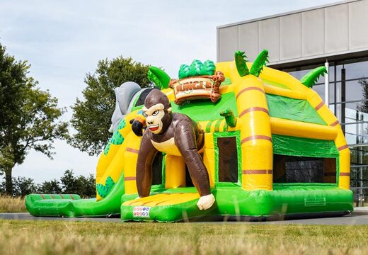 Buy multi super inflatable bouncer with slide in Jungle theme green yellow for children