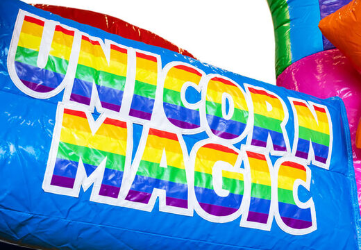 Inflatable Mini Multiplay bouncy castle in Unicorn theme for sale for children. Order now inflatable bouncy castles at JB Inflatables America