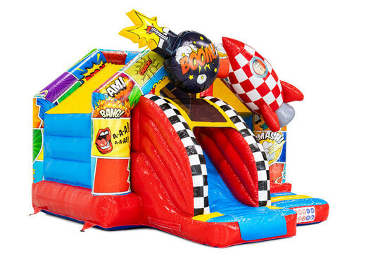 Slide combo bouncy castle in comic theme with rocket and bomb