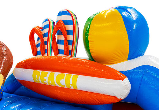 Order an inflatable castle with a beach theme, featuring 3D flip-flops, a surfboard, and a ball online