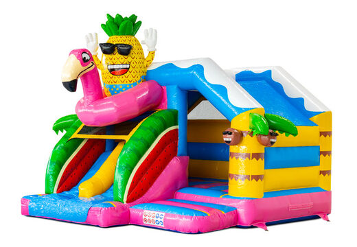 Double Slide Slide Combo Bouncy Castle with two slides in the Hawaii Flamingo theme