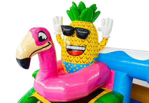 Springkussen thema Hawaii Flamingo met vrolijke 3D ananas in flBouncy Castle Hawaii Flamingo theme with cheerful 3D pineapple in flamingo float online orderamingo zwemband online bestellen