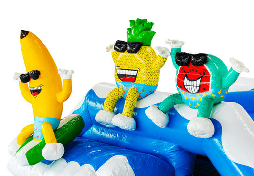 Inflatable castle with Summer Party theme featuring 3D banana, pineapple, and watermelon, available for online order