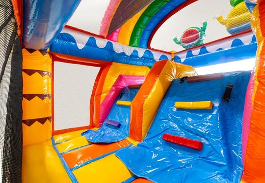Climbing wall of Multiplay dubbelslide with summer party theme in blue, yellow, orange