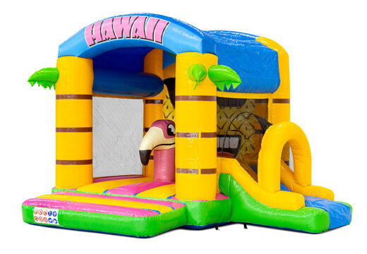 Bouncy box castle in Hawaiian theme with slide on the side