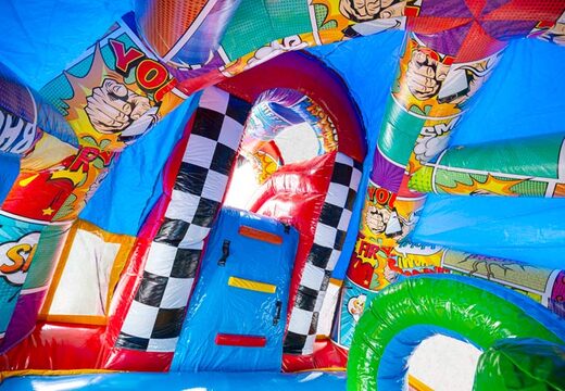 Inflatable A-frame Super Comic bouncy castle with fun comic strips for sale