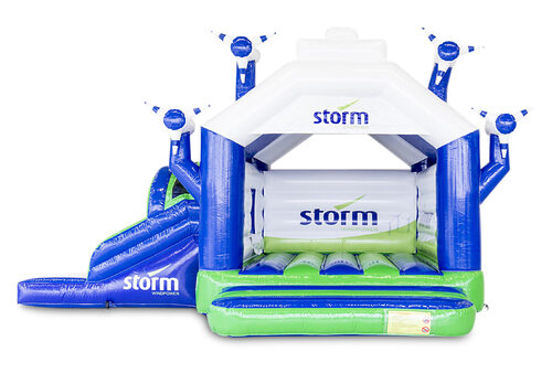 Buy custom made inflatable Storm - Multifun Windmill bouncer with slide at JB Promotions UK . Free design for inflatable bouncy castles in your own corporate identity